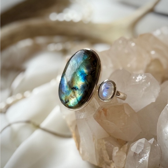Double Set Sterling Silver Labradorite and Moonstone Adjustable Ring - Picture 4 of 8